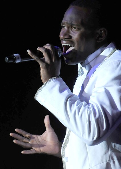 U.S. Air Force Staff Sgt. Wendell Boone, 69th Aerial Port Squadron, Air Transportation Apprentice, performes for military members and their families during the Tops in Blue's performance October 15, 2009, Ramstein Air Base Germany.  Each year Air Force personnel worldwide compete in base talent contests and the most talented move on to higher levels of competition.  The result is an elite group composed of approximately 35 of the most talented competitors.  Their main purpose is to perform for military personnel and their families throughout the world.  (U.S. Air Force Photo by: Tech. Sgt. Sean M. White)