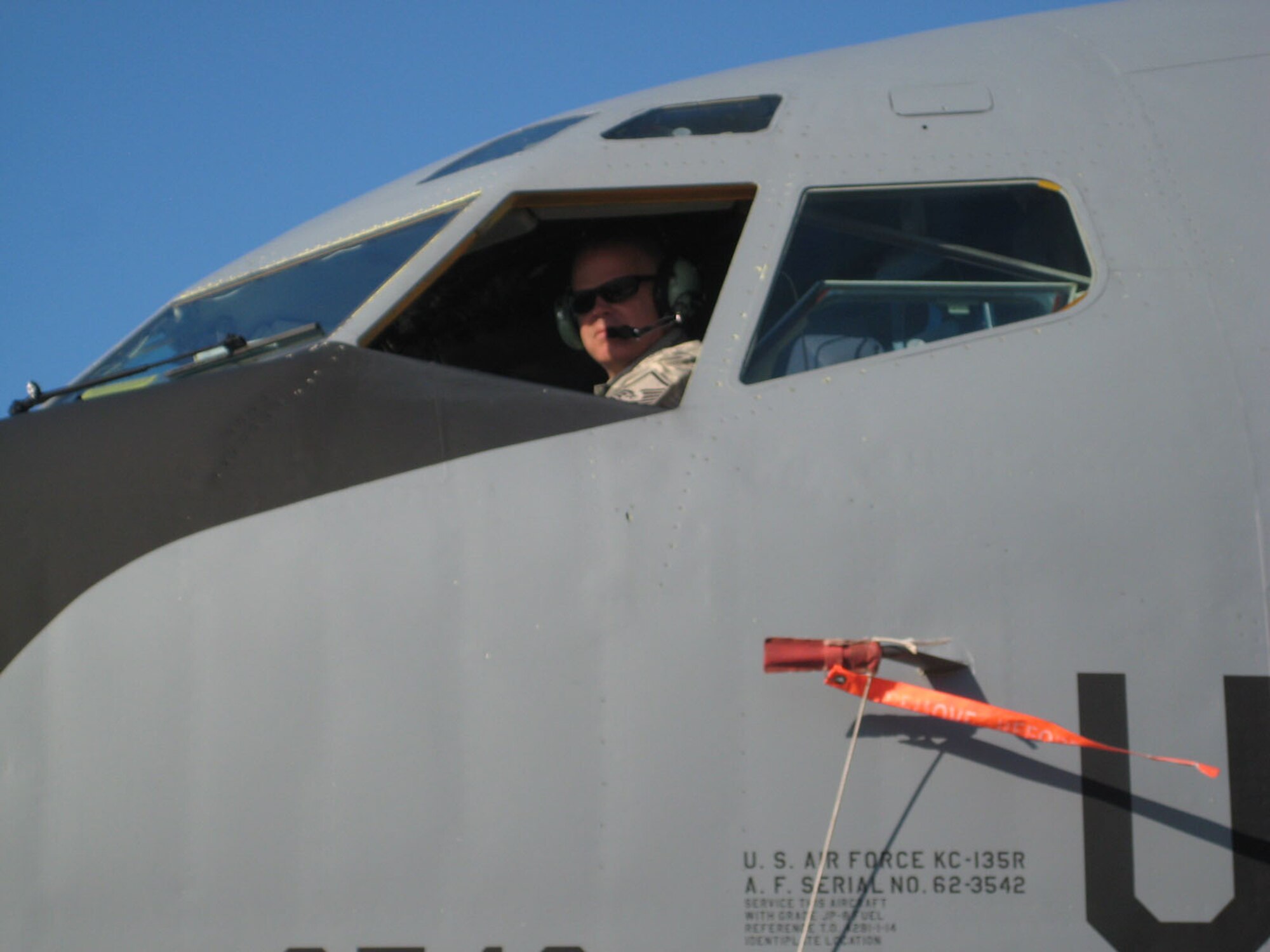 SEYMOUR JOHNSON AIR FORCE BASE, N.C. -- A crew chief for the 916th Maintenance Group prepares a KC-135R for an upcoming mission while deployed 