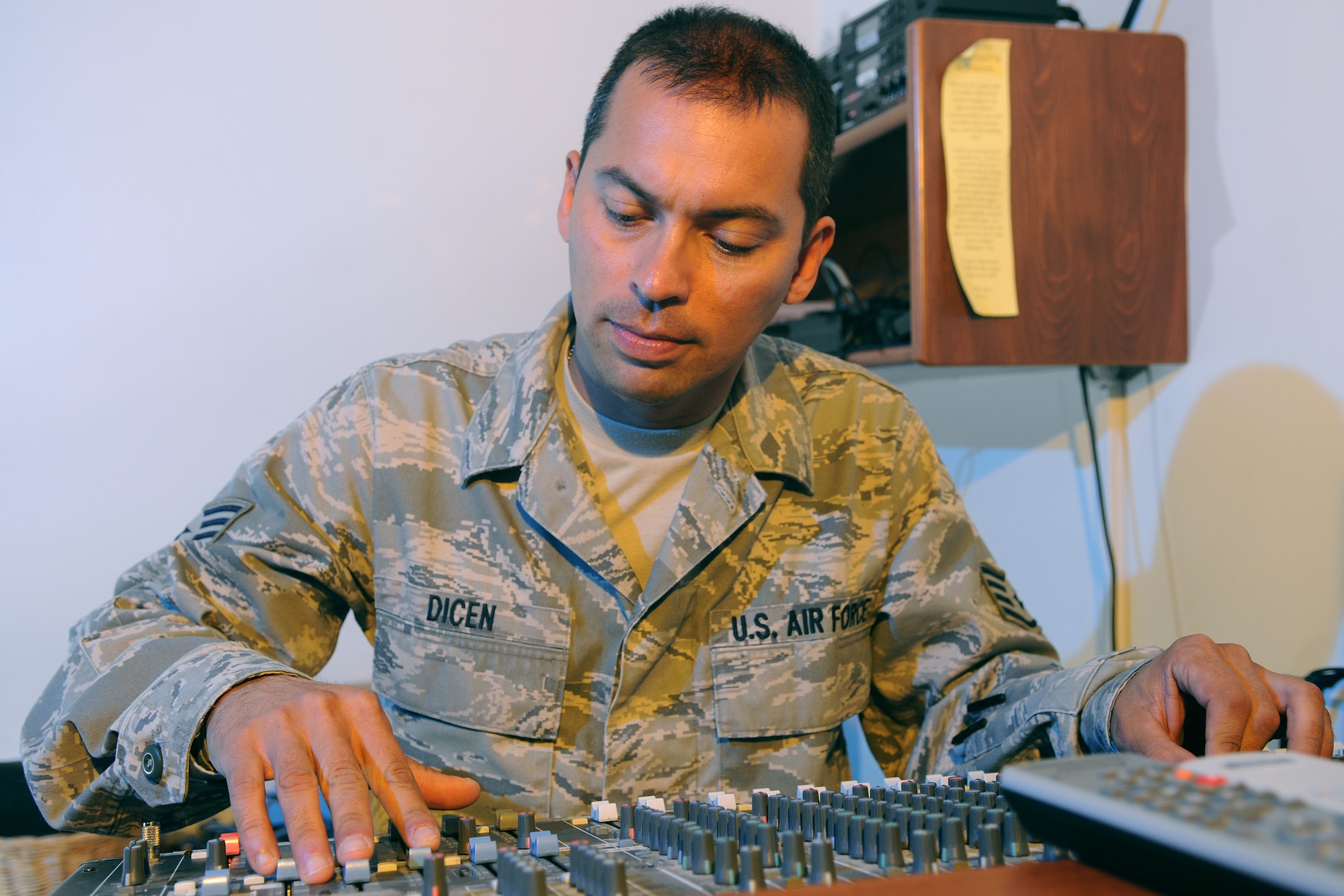 Staff Sgt. Kirt Dicen, a 39th Air Base Wing chaplain assistant, highlights how to control the base chapel sound equipment Thursday, Oct. 15, 2009, at Incirlik Air Base, Turkey. Chaplain assistants are often the "eyes and ears" of chaplains on deployments, visitations and other events. (U.S. Air Force photo/Senior Airman Alex Martinez)