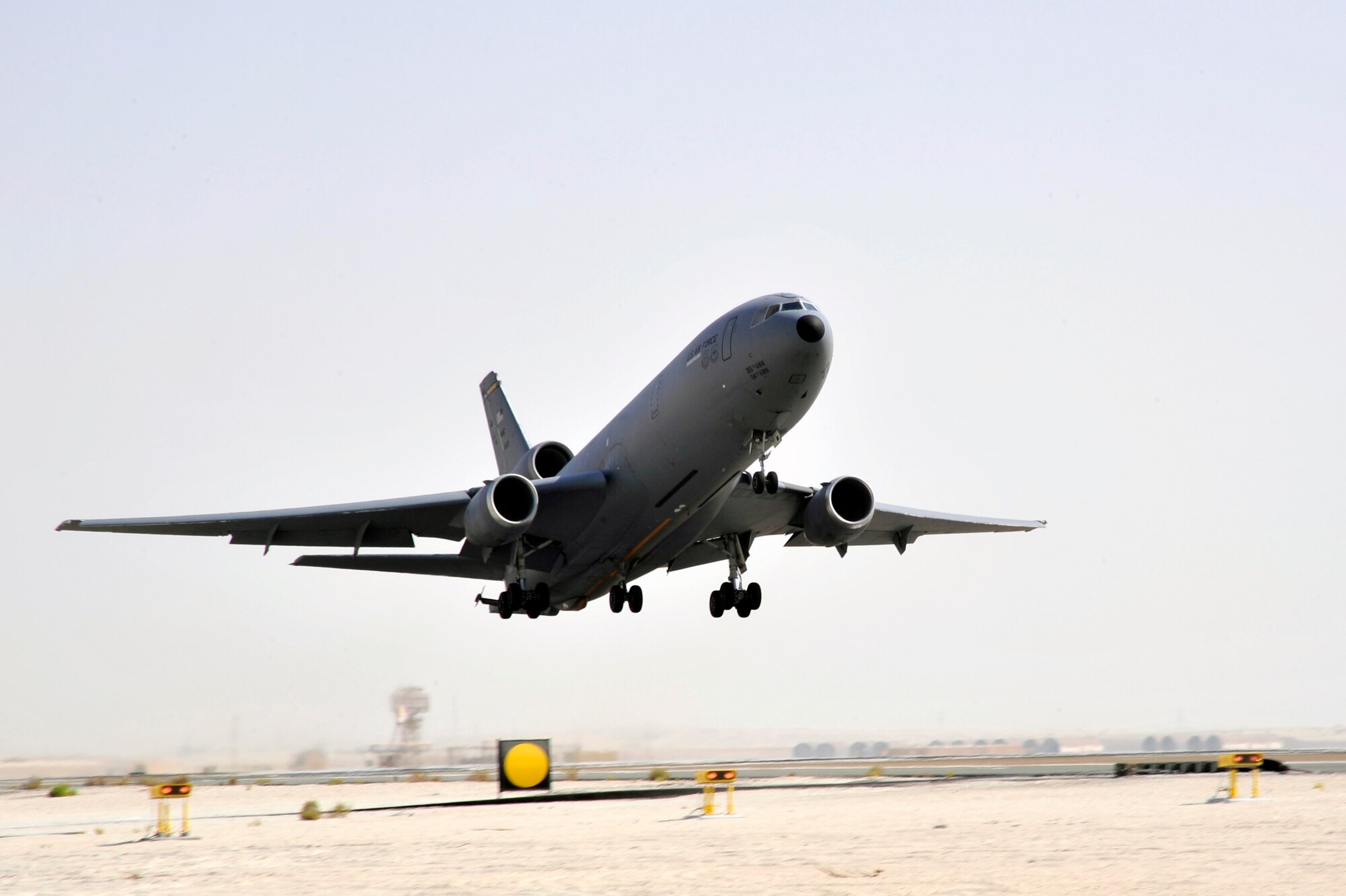 SOUTHWEST ASIA - A KC-10 Extender takes flight enroute to provide ariel refueling for Operation Enduring Freedom here Oct. 13, 2009. The KC-10 is an advanced tanker and cargo aircraft capable of providing over 356,000 pounds of fuel and carries 75 passengers. (U.S. Air Force photo/Tech. Sgt. Charles Larkin Sr)