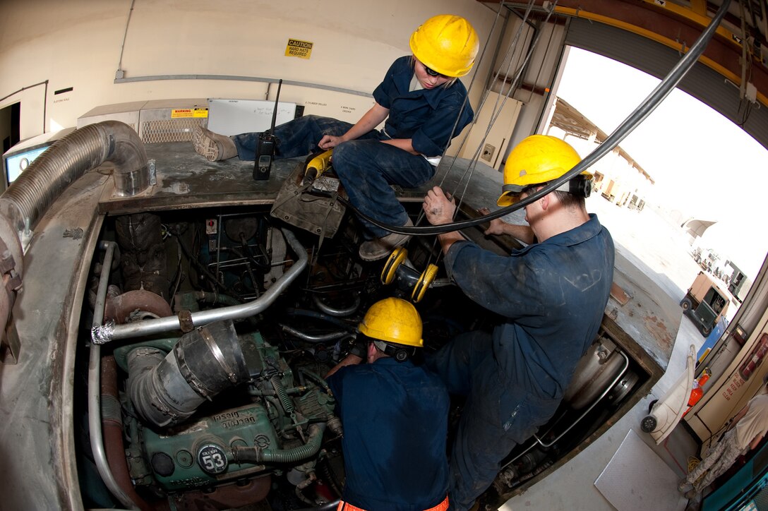 Clockwise from top, Airman 1st Class Kara Rouse, Staff Sgt. Donald Frazier and Senior Airman Kevin Desautels, 379th Expeditionary Maintenance Squadron aerospace ground equipment members, replace a main hydraulic pump on a hydraulic test stand, Oct. 14, 2009, in Southwest Asia. The hydraulic test stand is used during B-1B Lancer maintenance.  Airmen Rouse and Desautels are deployed from Ellsworth Air Force Base, S.D. and Sergeant Frazier is deployed from Dyess AFB, Texas, in support of operations Iraqi Freedom and Enduring Freedom. (U.S. Air Force photo/Staff Sgt. Robert Barney) 