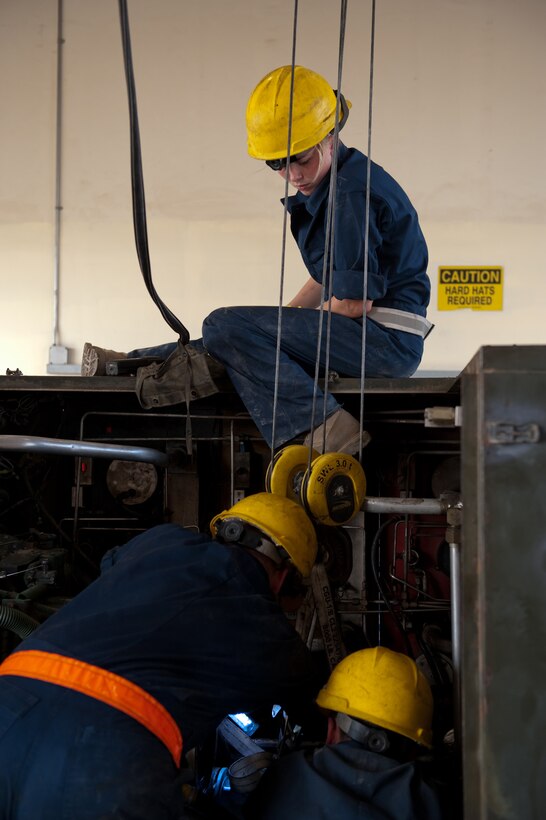 Top, Airman 1st Class Kara Rouse, 379th Expeditionary Maintenance Squadron aerospace ground equipment apprentice, helps replace a main hydraulic pump on a hydraulic test stand, Oct. 14, 2009, in Southwest Asia. The hydraulic test stand is used during B-1B Lancer maintenance.  Airman Rouse is deployed from Ellsworth Air Force Base, S.D. in support of operations Iraqi Freedom and Enduring Freedom. (U.S. Air Force photo/Staff Sgt. Robert Barney) 