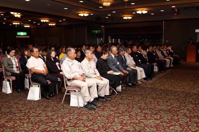 United States Forces Japan employees sit prepared to be recognized during the 2009 Length of Service Awards Ceremony at the Club Iwakuni Ballroom here Oct. 16. With 30 years of length of service: Minoru Hiraoka, Yoshiharu Tanimoto, Makio Yamamoto, Masanori Kaseda, Kazuo Nakamoto, Hideo Matsui, Kenji Isobe, Hiromi Higashitarumizu, and Toshio Takatsuka. With 20 years of length of service: Takamitsu Kurata, Takushi Koike, Masatoshi Okada, Kazutomo Uchihama, Shunsaku Yokota, Yoshio Yamamoto, Katsuhiko Fujimoto, Tatsuyoshi Nishimoto, Shigeyasu Tamura, Mitsuhiro Nakano, Hiroyuki Hayashi, Yoshihiro Komura, Katsuhiro Takata, Haruo Kusunoki, Yoshinori Arikuni, Makoto Hida, Kazumi Kawaguchi, Shoji Matsui, Kiyofumi Minato, Hironori Fujimoto, Hirofumi Matsumoto, Koji Kawashige, Katsuhiro Fukuba, Tatsuya Okagake, Takako Hiranaga, Akie Yasuda, Harumi Sakurada, and Yumiko Hamamura. With 10 years length of service: Junji Matsuoka, Tomokatsu Ichida, Hidenori Uchiyama, Miyako Hayashi, Shunji Murashige, Toshiyuki Takenaka, Minoru Iwata, Yasue Sugiyama, Haruhiko Odake, Seiichiro Funakoshi, Ken Hisasada, Yumie Iwai, Takashi Kamio, Takako Tamada, Kiyoko Fujii, Naoki Higaki, Kayoko Fukuda, Yoshiko Wakaue, Kazuwa Yanagihara, Tomoko Takamatsu, Teruyasu Hiroshima, Takahiro Miyoshi, Atsuo Kosako, Yuji Tanaka, Kazuhiko Murashige, Masashi Yoshida, Masahiro Horiushi, Hiromi Fujioka, Akinori Hamada, and Yoko Seo.