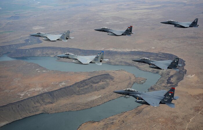 A six-ship formation of F-15C Eagle and F-15E Strike Eagles from the 366th Fighter Wing, Mountain Home Air Force Base, Idaho fly over Idaho Oct 13, 2009. (U.S. Air Force photo/ Master Sgt. Kevin J. Gruenwald) released