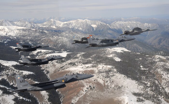 A six-ship formation of F-15C Eagle and F-15E Strike Eagles from the 366th Fighter Wing, Mountain Home Air Force Base, Idaho fly over the Sawtooth Mountains in Idaho Oct 13, 2009. 

(U.S. Air Force photo/ Master Sgt. Kevin J. Gruenwald) released

