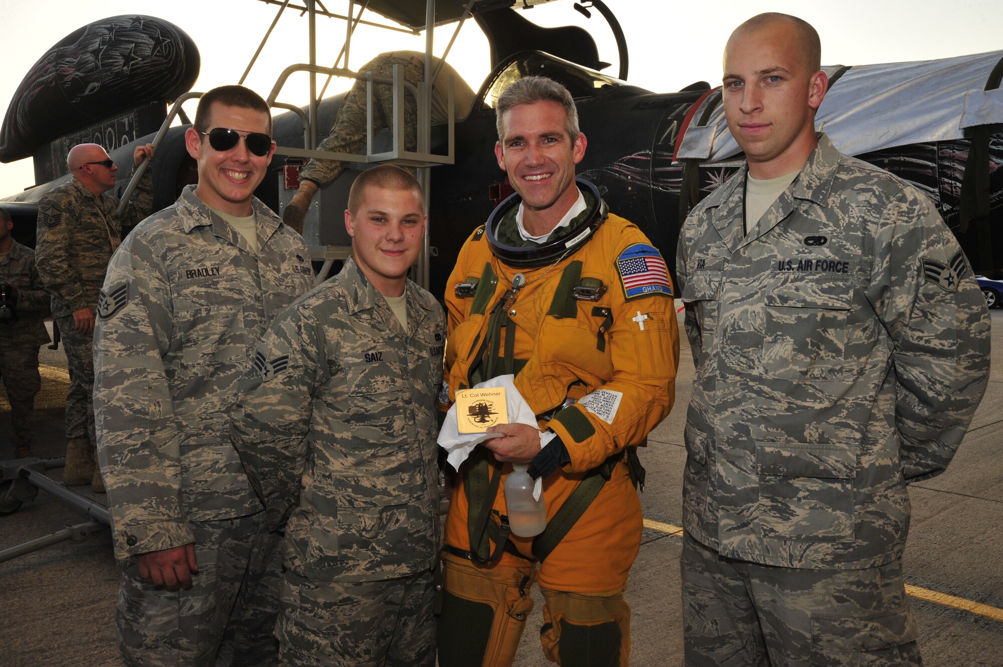 SOUTHWEST ASIA—Lt. Col. Robert B. Wehner, 380th Expeditionary Reconnaissance Squadron, piloted the U-2 Dragon Lady in a milestone mission Oct. 18, 2009. Aircraft No. 068-0337 clocked its 25,000th hour of flight, after 41 years of faithful Air Force service. Maintainers of the 380th Expeditionary Aircraft Maintenance Squadron honored the pilot with an engraved commemoration. (U.S. Air Force Photo by 2nd Lt. Kidron B. Vestal)