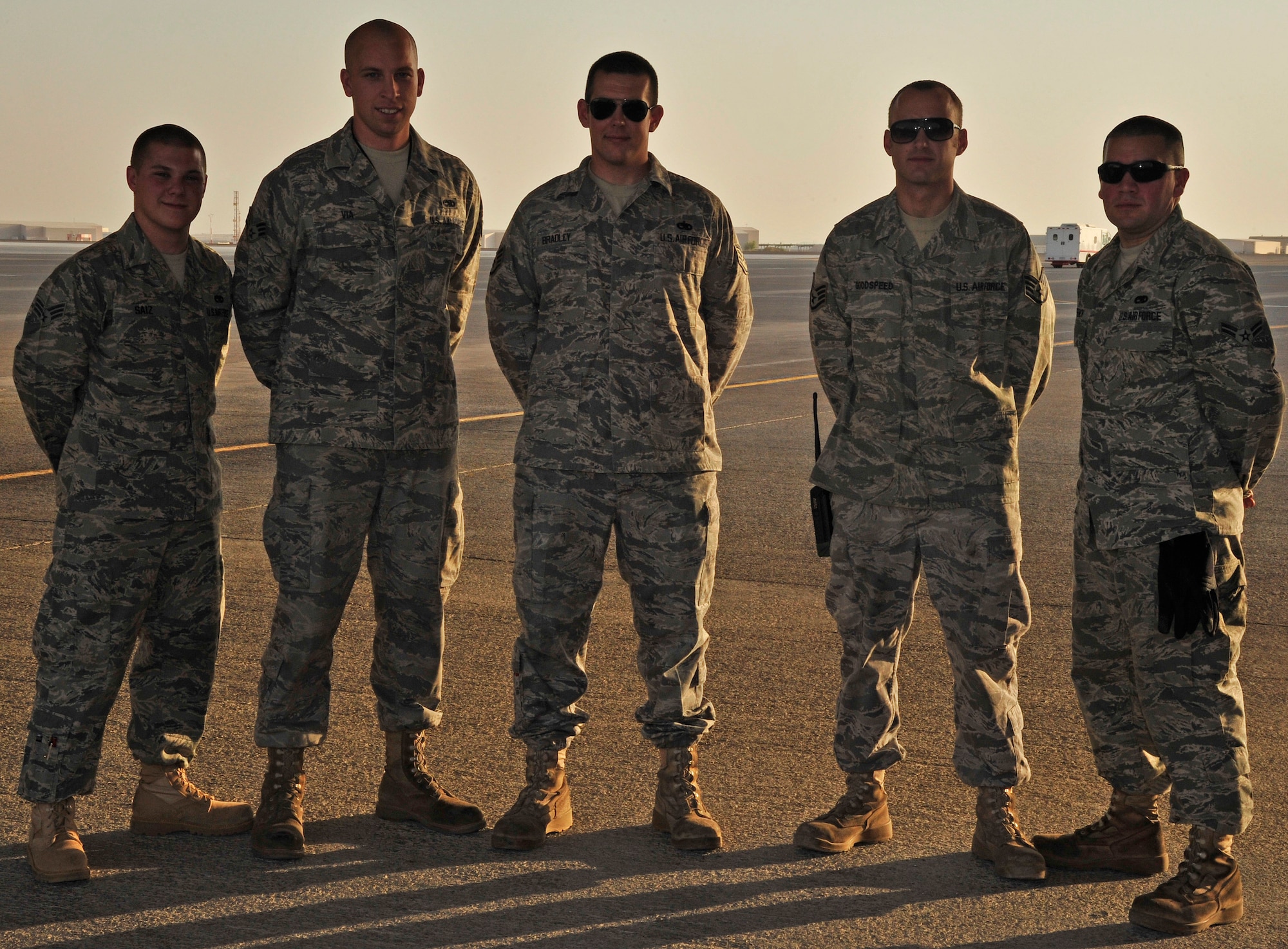 SOUTHWEST ASIA—Maintainers of the U-2 Dragon Lady stood with pride as Aircraft No. 068-0337 returned from its milestone sortie that exceeded 25,000 hours of flight. Past and present dedicated crew chiefs at the 380th Air Expedionary Wing include: Master Sgt. (Ret.) Mike Burrows, Senior Master Sgt. Ed Ames, Tech. Sgt. Dave Wright, and the current team: Staff Sgt. Christopher Bradley, and Senior Amn Jeff Via and Matt Saiz. (U.S. Air Force Photo by 2nd Lt. Kidron B. Vestal)  