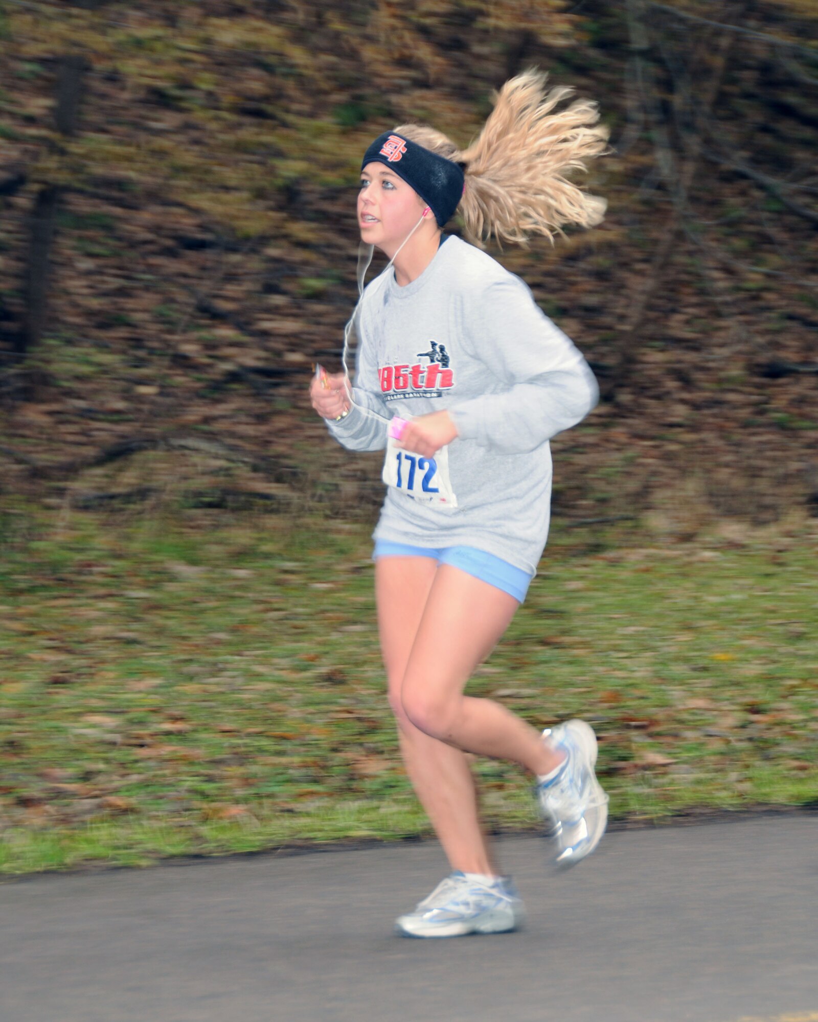 Senior Airman Melissa Knight, an Intel Specialist at the 185th Air Refueling Wing, Sioux City, Iowa, runs through Stone Park during the Siouxland Lewis and Clark Marathon.  Knight finished first in her division (females 20-24) with a time of 3 hours 36 minutes and 50 seconds.