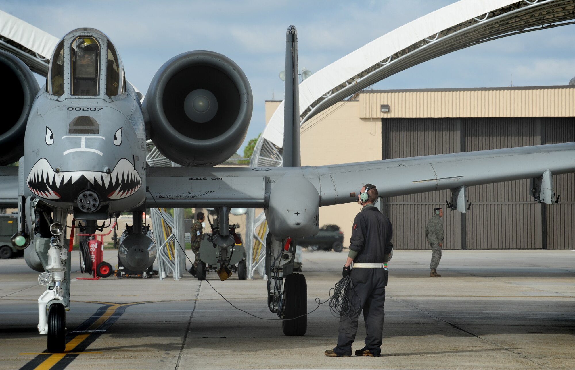 MOODY AIR FORCE BASE, Ga. -- Staff Sgt. Todd Mesman, 75th Aircraft Maintenance Unit A-10C Thunderbolt II crew chief, prepares an A-10 for launch to Red Flag here Oct. 17. The Red Flag exercise is conducted on the 15,000-square-mile Nevada Test and Training Range, north of Las Vegas, and will last approximately three weeks. (U.S. Air Force photo by Staff Sgt. Elizabeth Rissmiller)