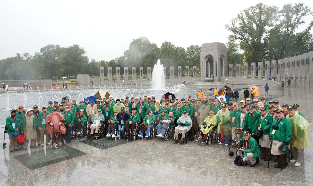 LANGLEY AIR FORCE BASE, Va. – World War II veterans tour the National World War II Memorial in Washington, D.C., Oct. 17.  Twice a year, the Honor Flight Historic Triangle Virginia, and Langley volunteers, chauffeur veterans to the WW II memorial in Washington, D.C.  (U.S. Air Force photo/Staff Sgt. Barry Loo)