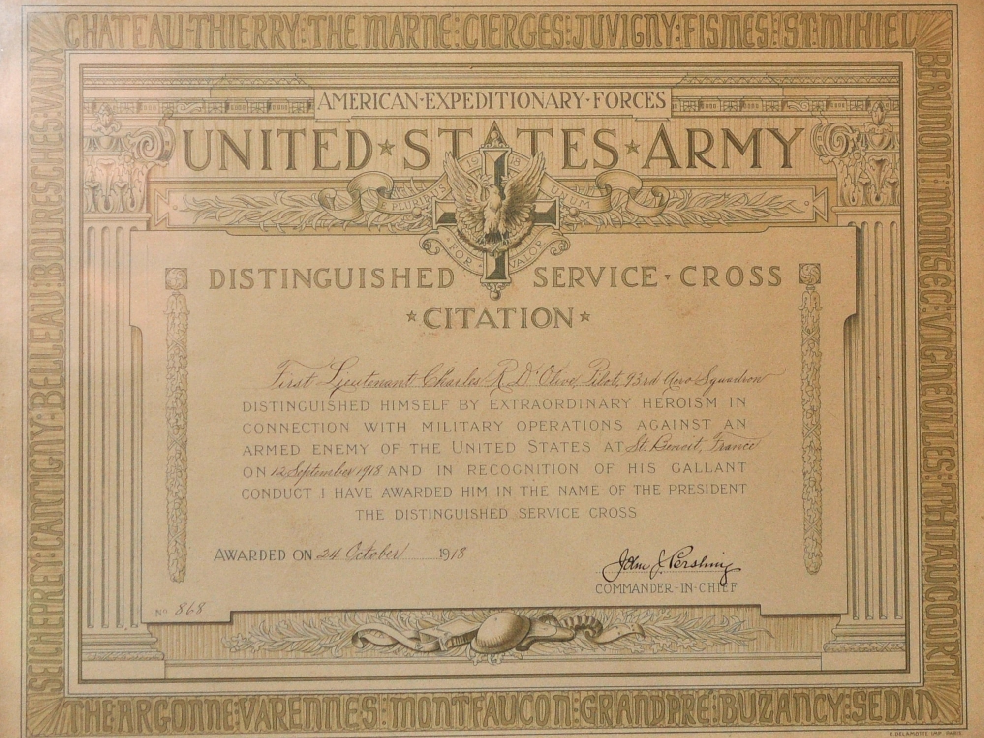 1st Lt. Charles R. D’Olive, 93rd Pursuit Squadron, received the Distinguished Service Cross for downing three German aircraft in one day on September 13, 1918. (U.S. Air Force photo/Tech. Sgt. Jeff Walston) 