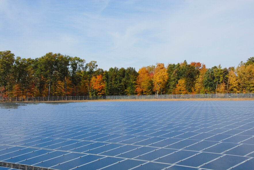 A photograph of the new 180th Fight Wing (FW), Ohio Air National Guard, solar field located in Swanton, Ohio, taken Oct 19, 2009. The solar field, set for completion October 2010, is part of the 180th FWs Renewable Energy Project funded by the Department of Defense Research and Development Program in an effort to reduce the use of limited fossil fuel sources and dependence on foreign energy sources. (USAF Photo by MSgt Beth Holliker)