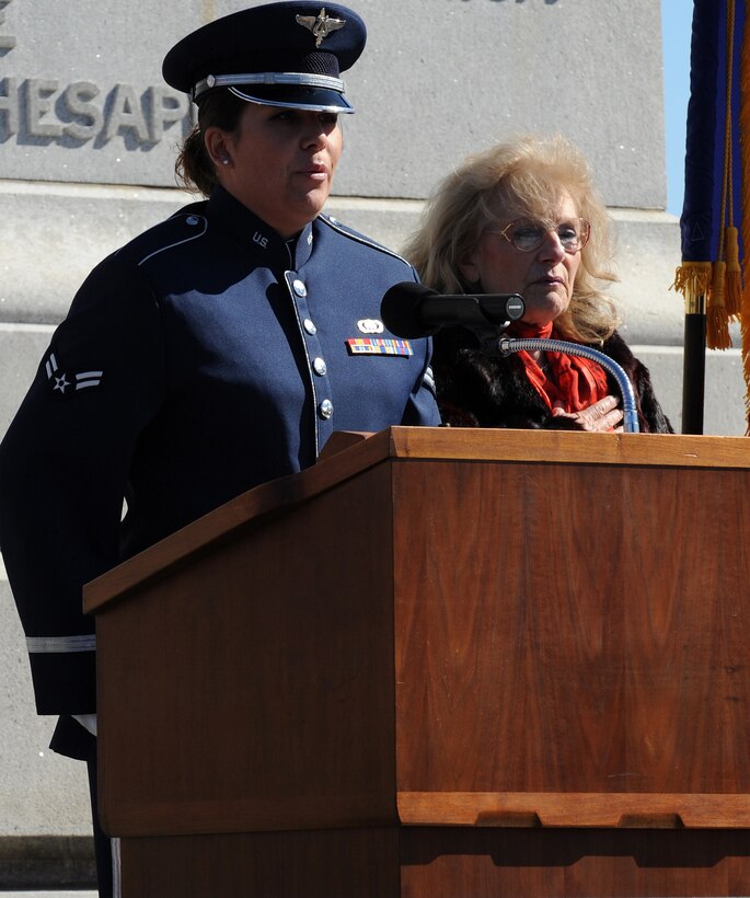 LANGLEY AIR FORCE BASE, Va. -- Airman 1st Class Amy Aguilera, U.S. Air Force Heritage of America Band vocalist, performs the national anthem during the 2009 Yorktown Day in Yorktown, Va., Oct. 19. Yorktown Day commemorates the Battle of Yorktown, which brought an end to the American Revolutionary War. (U.S. Air Force photo/Senior Airman Zachary Wolf) 