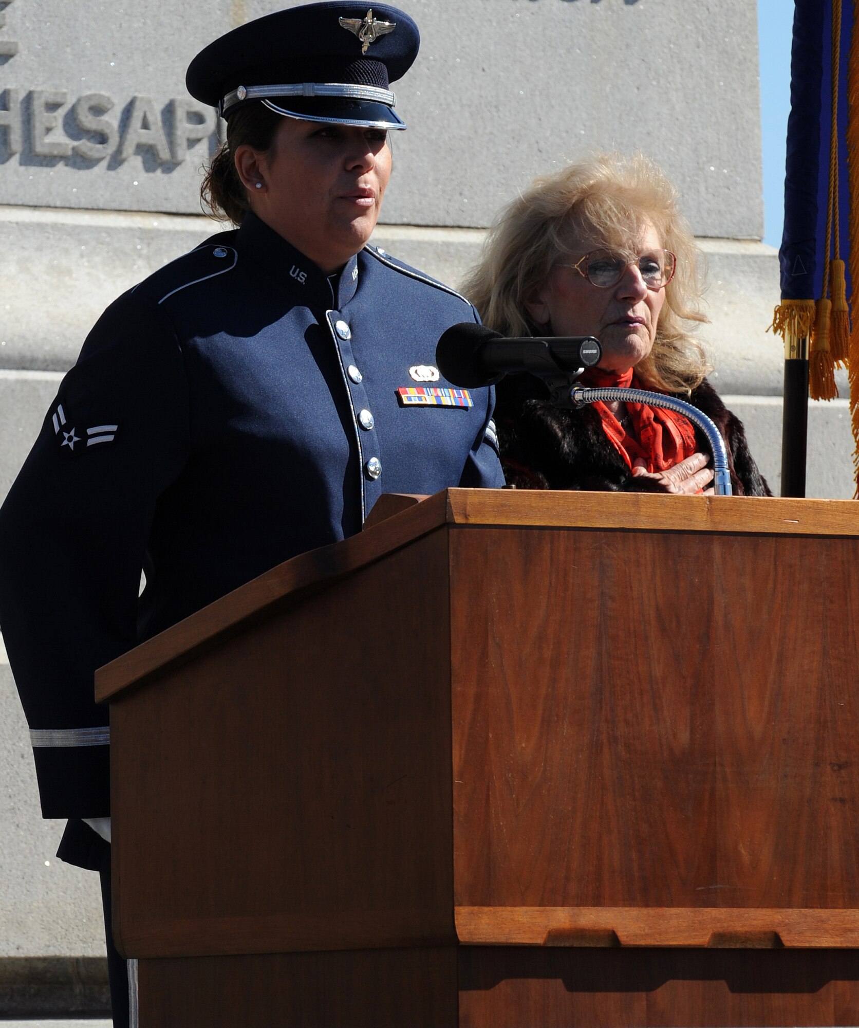 LANGLEY AIR FORCE BASE, Va. -- Airman 1st Class Amy Aguilera, U.S. Air Force Heritage of America Band vocalist, performs the national anthem during the 2009 Yorktown Day in Yorktown, Va., Oct. 19. Yorktown Day commemorates the Battle of Yorktown, which brought an end to the American Revolutionary War. (U.S. Air Force photo/Senior Airman Zachary Wolf) 