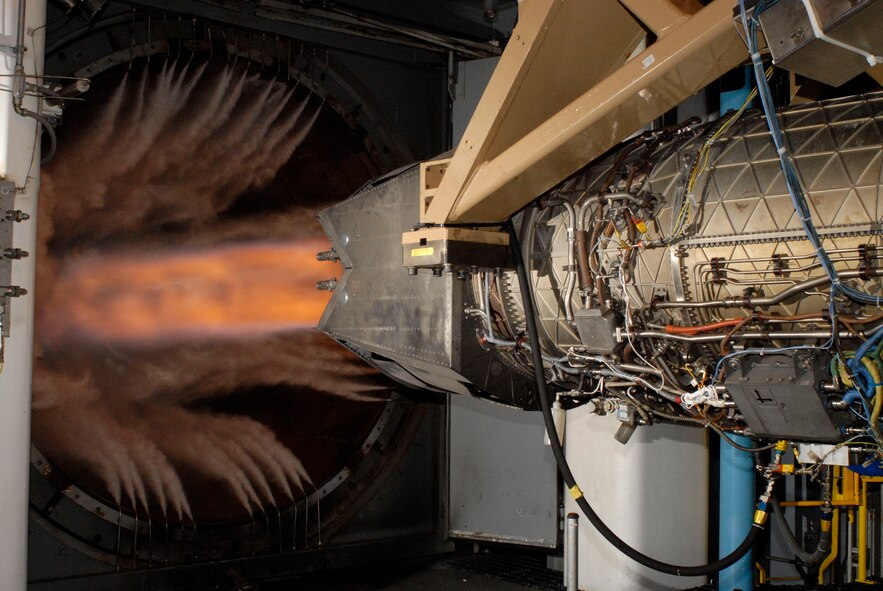 An F119 engine, the power plant for the F-22A Raptor, undergoes sea level Accelerated Mission Testing (AMT) in the U.S. Air Force’s Arnold Engineering Development Center’s (AEDC) SL-2 (Sea Level-Two) testing facility. According to Sean Smith, AEDC’s F119 project manager, the completion of the block of testing represented 75 percent total life for the engine. Smith said the tasks associated with the test included upgrades that could reduce life cycle costs and required maintenance man hours for future and currently fielded engines.  (Photo by Rick Goodfriend)