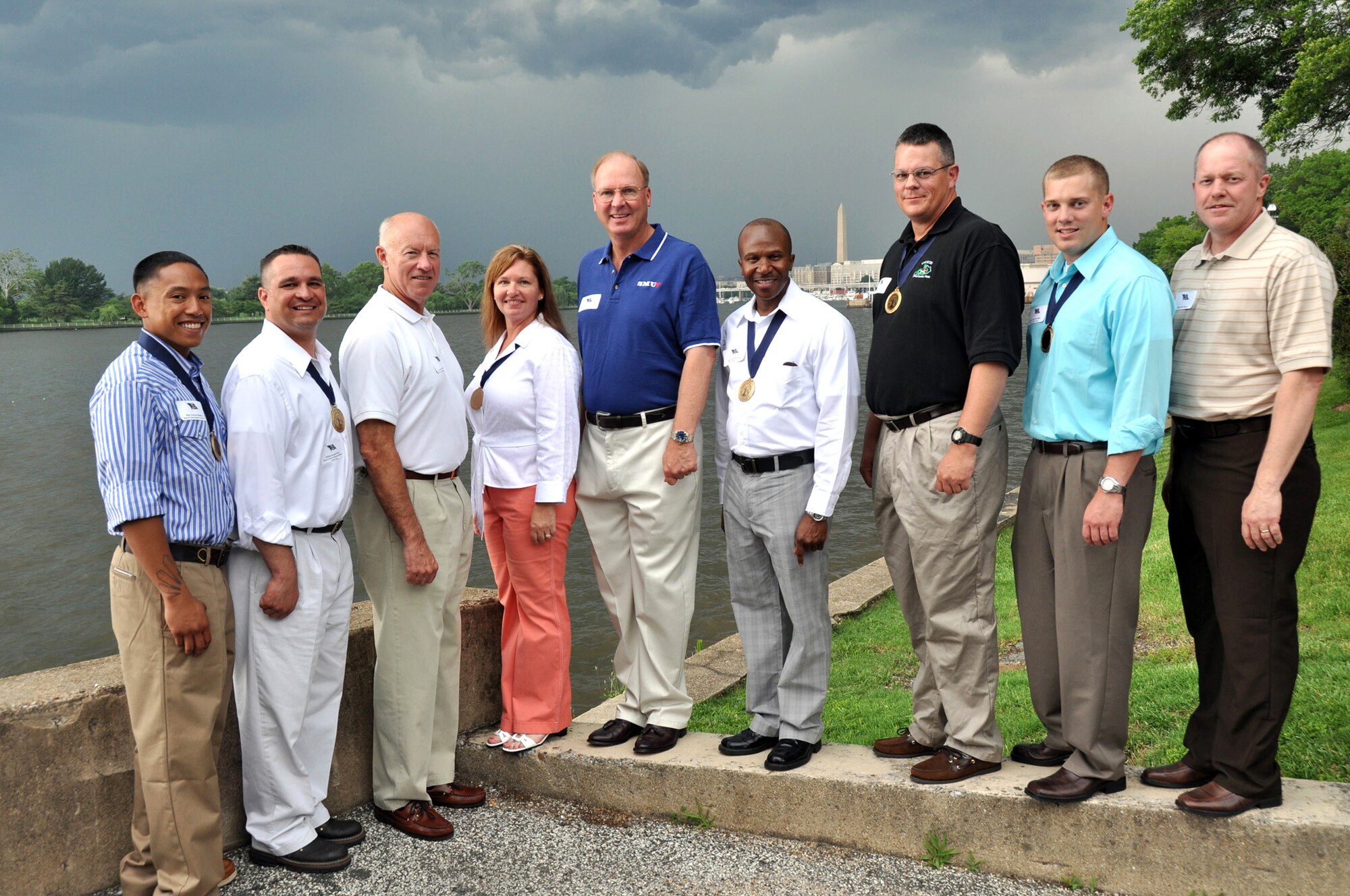 The Air National Guard?s six Outstanding Airmen of the Year at Fort McNair during a reception dinner with Air Force Gen. Craig R. McKinley, chief of the National Guard Bureau June 9. Master Sgt. Lorene D. Kitzmiller is fourth from the left. 