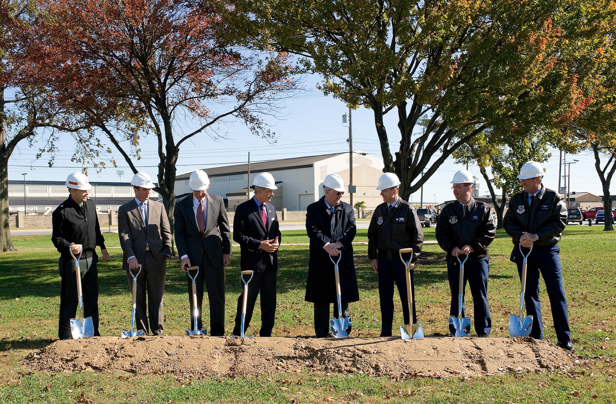 From left, Lt. Col. Thomas Tickner, U.S. Army Corps of Engineers Philadelphia District commander, Dean Johnson, Richard Y. Johnson and Son, Inc., program manager, Rep. Mike Castle, Sen. Tom Carper, Carleton Carey, City of Dover mayor, Col. Manson Morris, 436th Airlift Wing commander, Col. Michael Fitzhenry, 512th AW commander, and Col. Todd Emmert, 436th Mission Support Group commander, prepare to break ground for a new fitness center at Dover Air Force Base Oct. 19.  The $12.9 million facility is scheduled for completion May 2011. (U.S Air Force photo by Jason Minto)