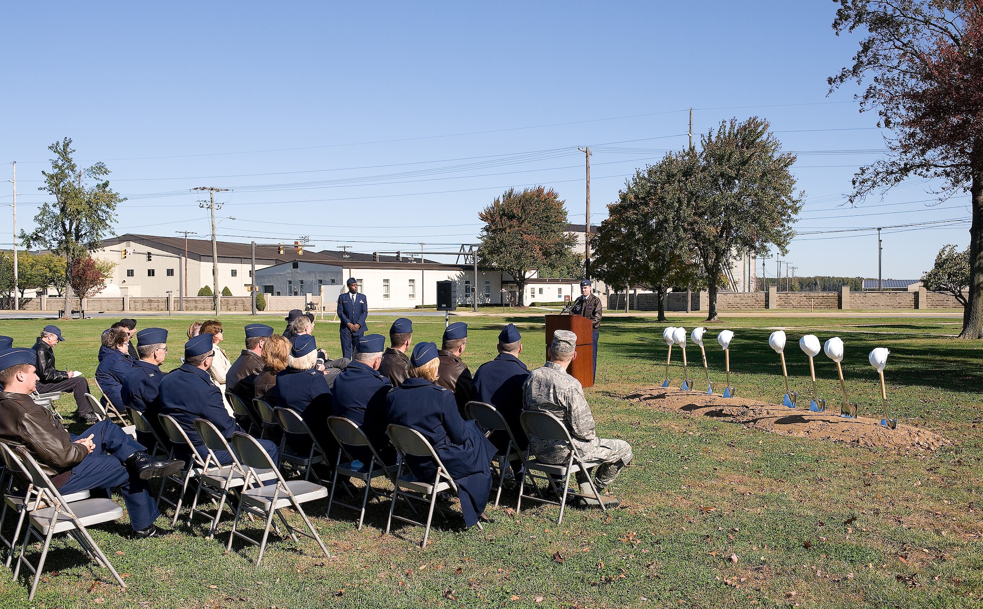 Col. Manson Morris, 436th Airlift Wing commander, speaks during the ground breaking ceremony for the new fitness center at Dover Air Force Base Oct. 19.  The $12.9 million facility is scheduled for completion May 2011. (U.S Air Force photo by Jason Minto)