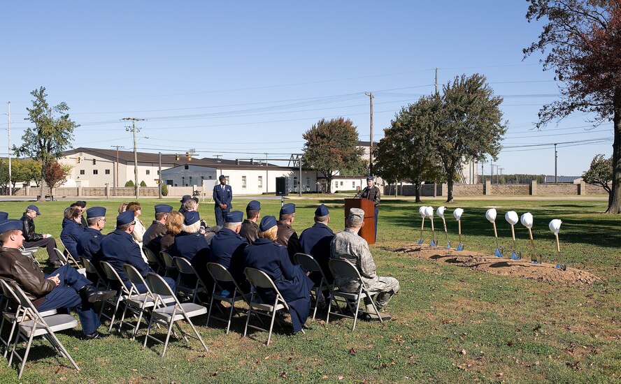 Col. Manson Morris, 436th Airlift Wing commander, speaks during the ground breaking ceremony for the new fitness center at Dover Air Force Base Oct. 19.  The $12.9 million facility is scheduled for completion May 2011. (U.S Air Force photo by Jason Minto)