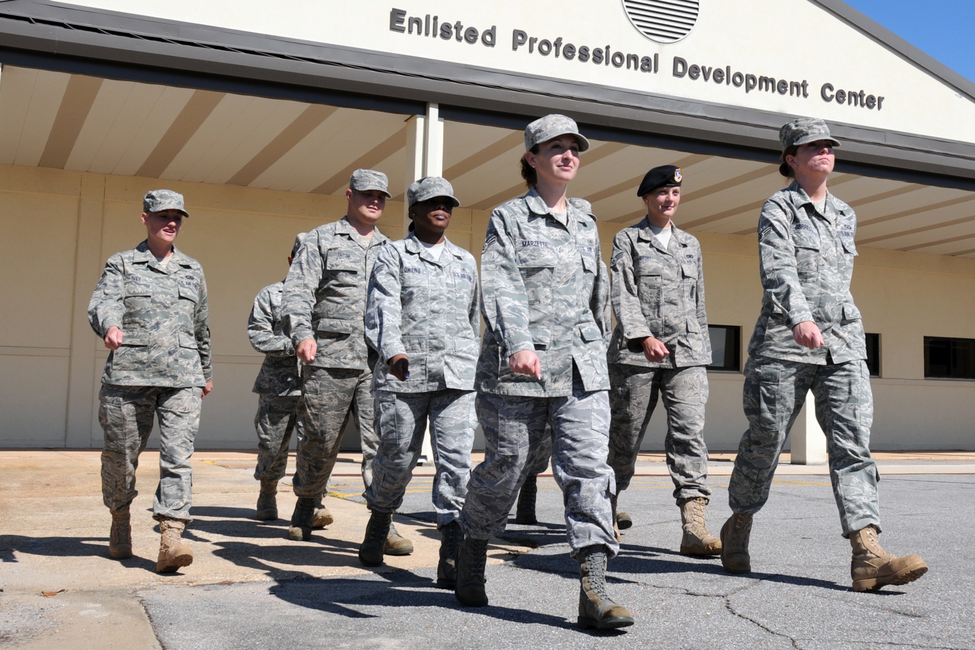 EGLIN AIR FORCE BASE, Fla. – Airmen rehearse marching movements at the Eglin Professional Development Center, Oct. 16. The Airmen will graduate this week from Airmen Leadership School as part of their month-long path to becoming a non-commissioned officer. Roughly every two to three weeks ALS starts up a new class, averaging seven classes a year. (U.S. Air Force photo/ Airman Anthony Jennings)