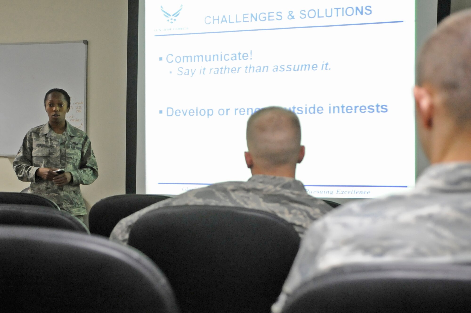 SOUTHWEST ASIA – Staff Sgt. Arionea Adams, 380th Air Expeditionary Wing chapel, talks to Airmen during a re-integration brief Oct. 19, 2009. Sergeant Adams is deployed from Eglin Air Force Base, Fla., and calls Ponce, Puerto Rico, home. (U.S. Air Force photo/Senior Airman Stephen Linch)