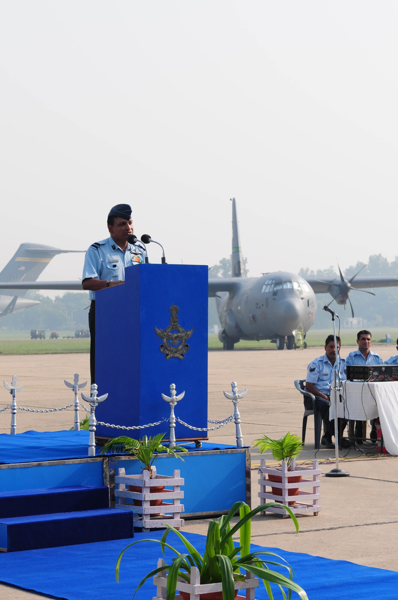 Air Commodore Shouvik Roy , from the Indian Air Force,  provides comments during the 2009 Cope India opening ceremony at Air Force Station Agra, India, Oct. 19. More than 150 U.S. Air Force and Army personnel are participating in Cope India, a United States and India airlift exercise that provides training for humanitarian assistance and disaster relief operations. (U.S. Air Force photo/ Capt. Genieve David)
