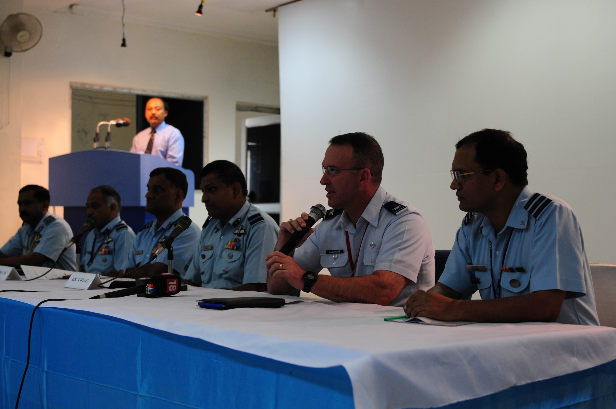 Col. Raymond LaMarche, exercise director for Cope India, provides comments during a Cope India press conference where nearly 85 international media representatives attended. More than 150 U.S. Air Force and Army personnel are participating in Cope India, a United States and India airlift exercise that provides training for humanitarian assistance and disaster relief operations. (U.S. Air Force photo/ Capt. Genieve David)