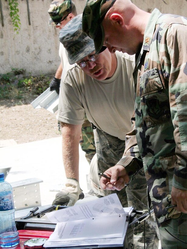 Members of the 190th Air Refueling Wing's Civil Engineering Squadron review plans for the EMEDS facilty. The 190th engineers built a new Expeditionary Medical Support System warehouse during their recent deployment to Armenia.