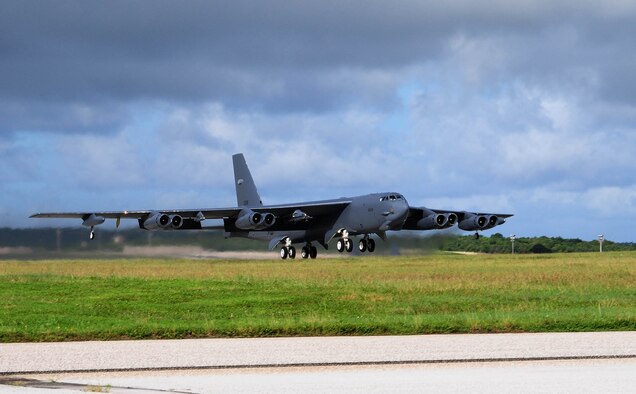 A B-52 Stratfortress from the 20th Expeditionary Bomb Squadron departs the Andersen Air Force, Guam, runway Oct. 14. The 20th BS, from Barksdale Air Force Base, La., deployed here with six B-52s to support Pacific Air Forces Continues Bomber Presence and Theater Security Package in the Asia-Pacific region. (U.S. Air Force photo/ Senior Airman Nichelle Anderson)