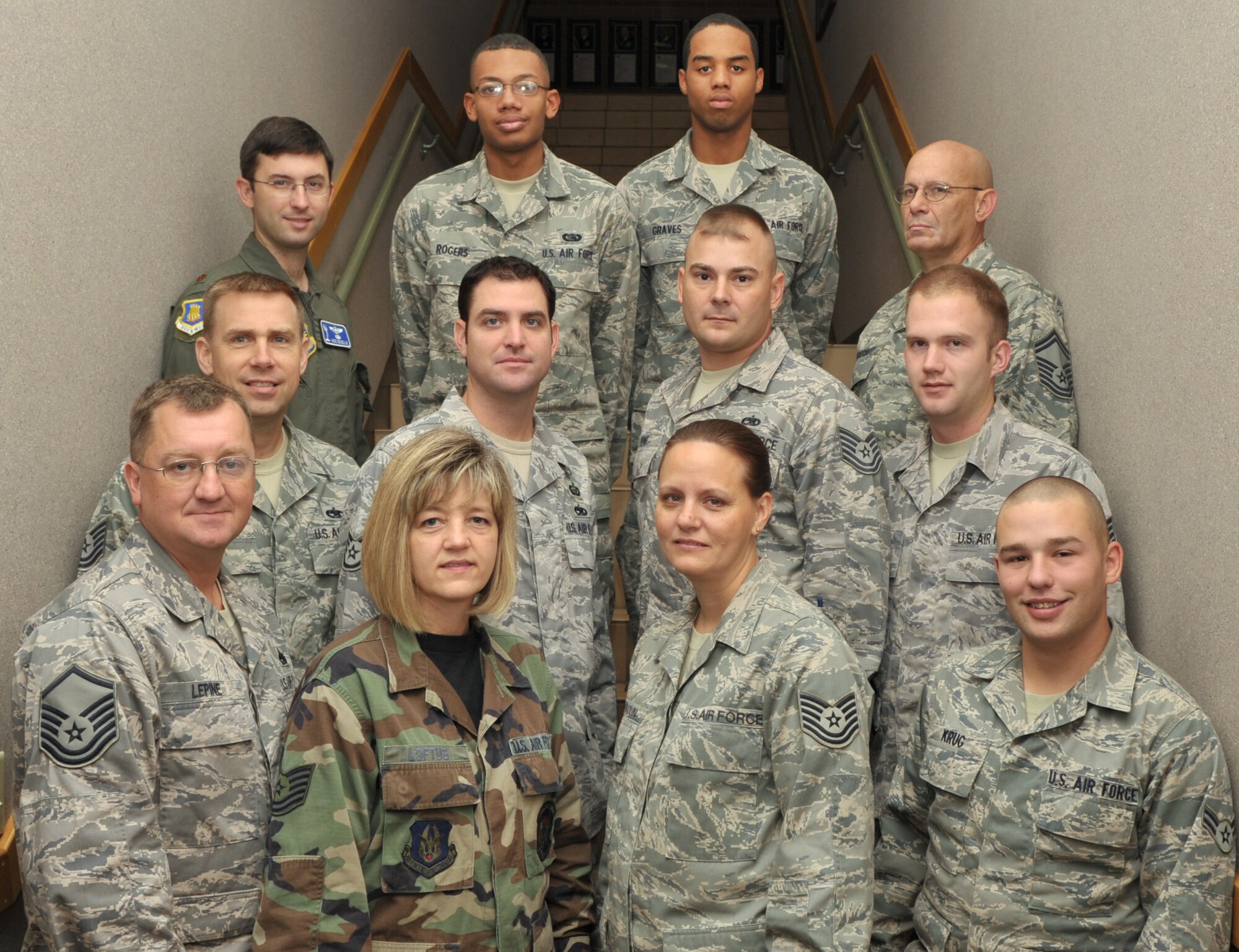The following Airmen joined the 931st Air Refueling Group in October: (1st row, left to right) Master Sgt. Joseph Lepine, Tech. Sgt. Kelly Loftus, Tech. Sgt. Angela Harroun, Airman 1st Class Joshua Krug, (2nd row) Tech. Sgt. Robert Reuter, Staff Sgt. John Sessons, Tech. Sgt. Ronald King Jr., Staff Sgt. Ethan Elkins, (3rd row) Maj. Michael Develle, Airman Basic Demarkus Rogers, Airman 1st Class Jon Graves, and Senior Master Sgt. John McDermott. (U.S. Air Force photo)