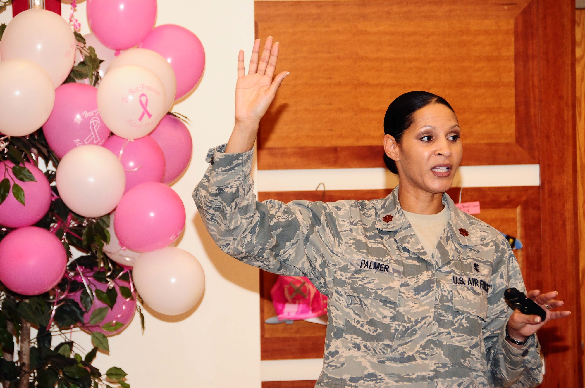 ANDERSEN AIR FORCE BASE, Guam - Maj. Joann Palmer, 36th Medical Operations Squadron women's health doctor, gives a presentation to guests at a breast cancer awareness open house held Oct. 20 at the 36th Medical Group clinic here.  The event’s theme was “the best protection is early detection.” Breast cancer is the most frequently diagnosed form of cancer in American women. (U.S. Air Force photo by Senior Airman Nichelle Anderson)
