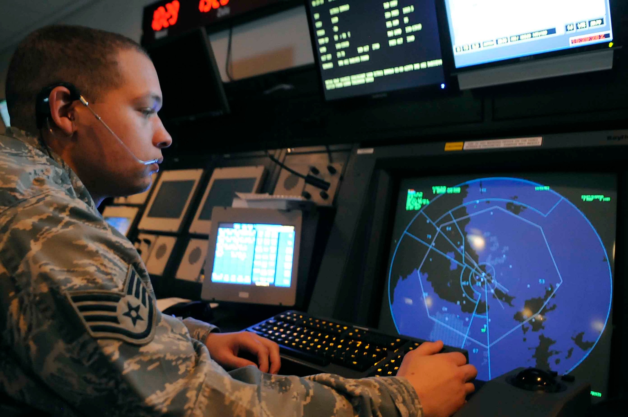 ELLSWORTH AIR FORCE BASE, S.D.--Staff Sgt. Jacob Martin, 28th Operations Support Squadron air traffic controller, views a radar scope, Oct. 14. Ellsworth Air Force Base recently switched from Airport Surveillance Radar to Digital Airport Surveillance Radar. The DASR technology is the newest available technology and it uses less power, requires less maintenance and manpower, and costs significantly less to operate than other systems currently in use. (U.S. Air Force photo/Airman 1st Class Corey Hook)