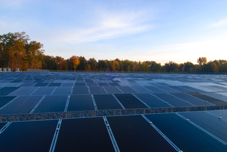 A photograph of the new 180th Fight Wing (FW), Ohio Air National Guard, solar field located in Swanton, Ohio, taken Oct 19, 2009. The solar field, set for completion October 2010, is part of the 180th FWs Renewable Energy Project funded by the Department of Defense Research and Development Program in an effort to reduce the use of limited fossil fuel sources and dependence on foreign energy sources. (USAF Photo by SRA Jodi Leininger)