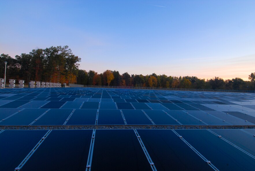 A photograph of the new 180th Fight Wing (FW), Ohio Air National Guard, solar field located in Swanton, Ohio, taken Oct 19, 2009. The solar field, set for completion October 2010, is part of the 180th FWs Renewable Energy Project funded by the Department of Defense Research and Development Program in an effort to reduce the use of limited fossil fuel sources and dependence on foreign energy sources. (USAF Photo by SRA Jodi Leininger)