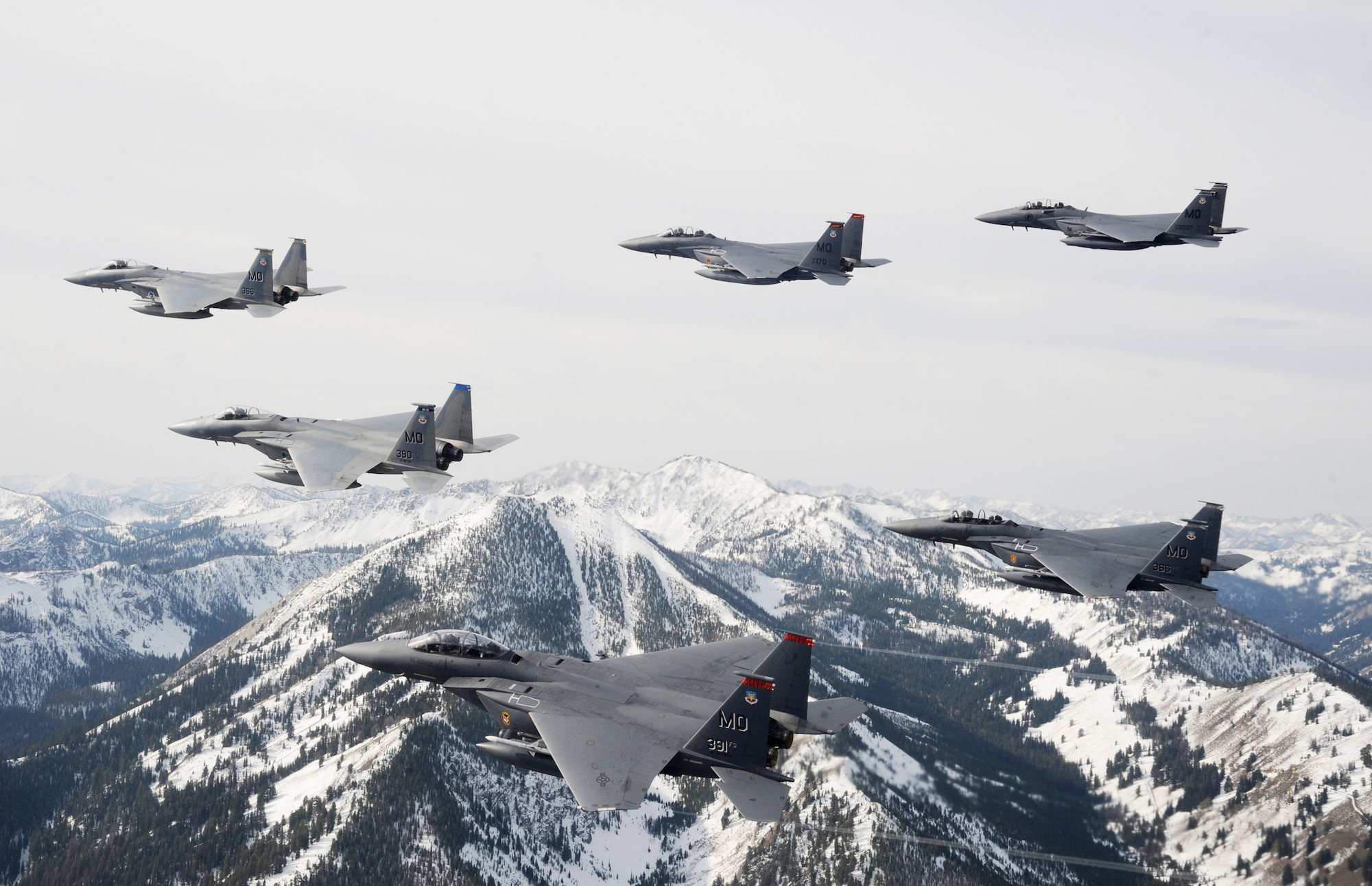 A six-ship formation of F-15C Eagle and F-15E Strike Eagles fly over the Sawtooth Mountains in Idaho Oct. 13, 2009.  The aircraft are from the 366th Fighter Wing at Mountain Home Air Force Base, Idaho. (U.S. Air Force photo/ Master Sgt. Kevin J. Gruenwald) 