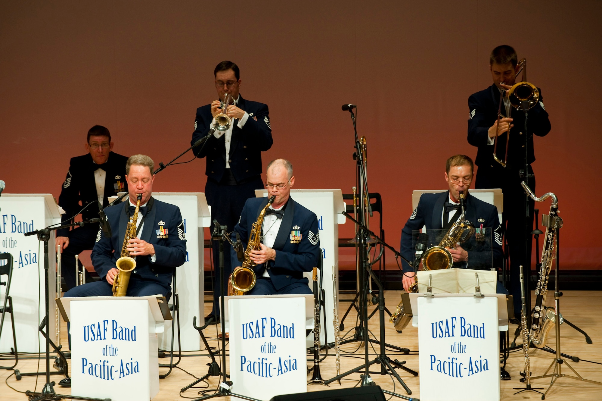 MISAWA AIR BASE, Japan -- A quintet from the Greatlanders, the Pacific Air Forces show band, performs "Asia Minor" at the Misawa International Center Oct. 17. Baritone saxophone player Master Sgt. Brian Jenner wrote the piece during the band's tour through Eastern Asia. (U.S. Air Force photo/Staff Sgt. Samuel Morse)