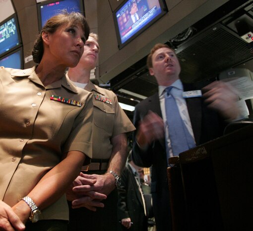 Public affairs Marines tour the New York Stock Exchange, Oct. 20, while attending the East Coast Media Symposium. The week-long workshop develops commanders’ confidence with on-camera interviews and provides them a chance to talk to national journalists about their embed experience. The symposium is designed to develop a more open relationship between Marine units and the press by talking to Marine leaders about the importance and role of the media. (Official Marine Corps photo by Sgt. Randall A. Clinton).