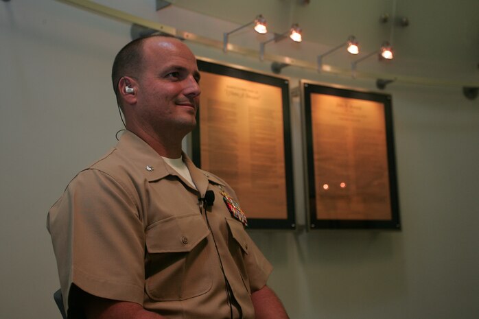A Marine looks into the video camera before beginning an on-camera live interview during a training exercise in New York.  Sullivan and leaders from Marine Corps units across the country came here for the 48th annual, weeklong, East Coast Media Symposium. This event brings together journalists and Marines for a discussion on creating a more open approach to the media. (Official Marine Corps photo by Sgt. Randall A. Clinton)