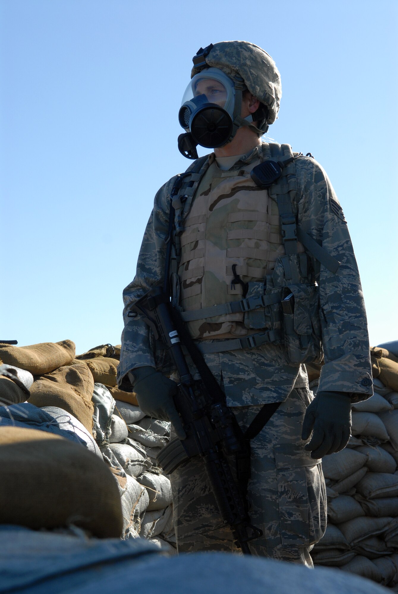 VANDENBERG AIR FORCE BASE, Calif. - During an annual Emergency Operations Staff Assistant Visit, Senior Airman Keith Carter, of the 30th Security Forces Squadron, maintains an entry control point here Tuesday, Oct. 20, 2009. The exercise is preformed as preparation for the yearly visit of the Inspector General. (U.S. Air Force photo/Airman 1st Class Angelina Drake)
