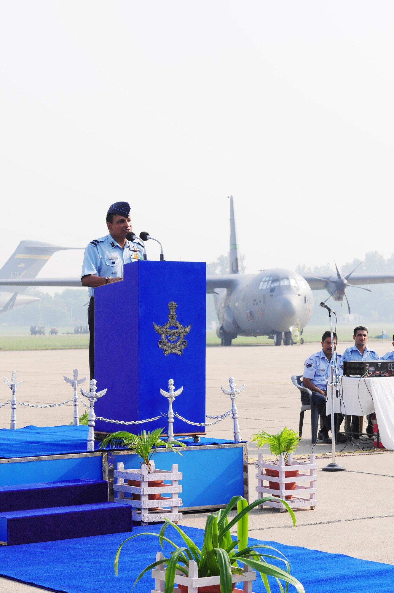 Air Commodore Shouvik Roy provides comments during the Cope India opening ceremony Oct. 19, 2009, at Air Force Station Agra, India. More than 150 U.S. Air Force and Army personnel are participating in Cope India, a United States and India airlift exercise that provides training for humanitarian assistance and disaster relief operations. Air Commodore Roy is from the Indian air force. (U.S. Air Force photo/Capt. Genieve David)