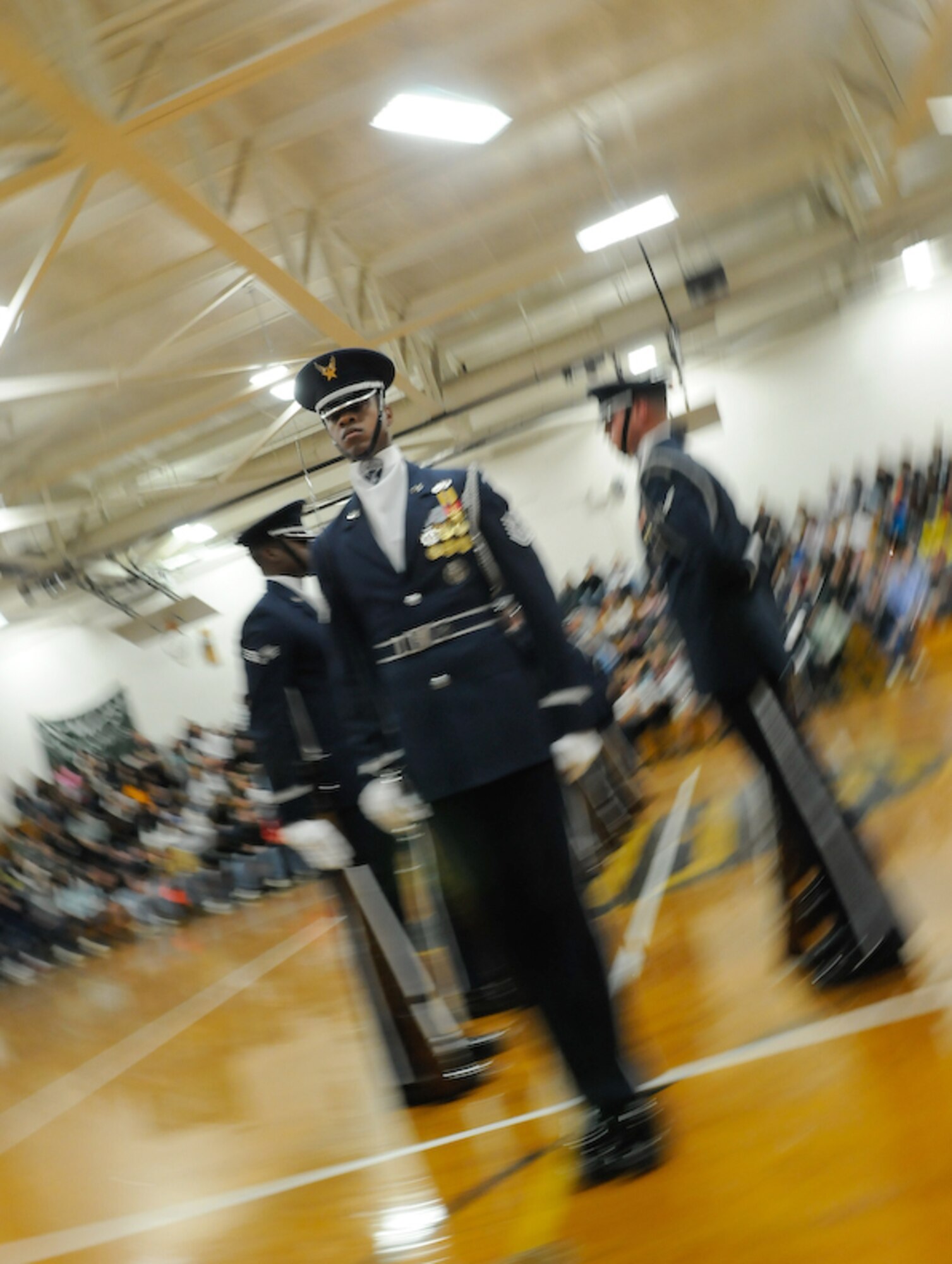 The United States Air Force Honor Guard Drill Team performs Oct. 14 at team member Airman 1st Class William Overton’s alma mater, West Forsyth High School, Clemmons, N.C. The team spent nine days traveling through the Carolinas and Tennessee, performing at Drill Team members’ former high schools, in addition to their typical base and air show performances. Performing for these students helped the Drill Team inspire and communicate at a more familiar level. (U.S. Air Force photo by Senior Airman Alexandre Montes)