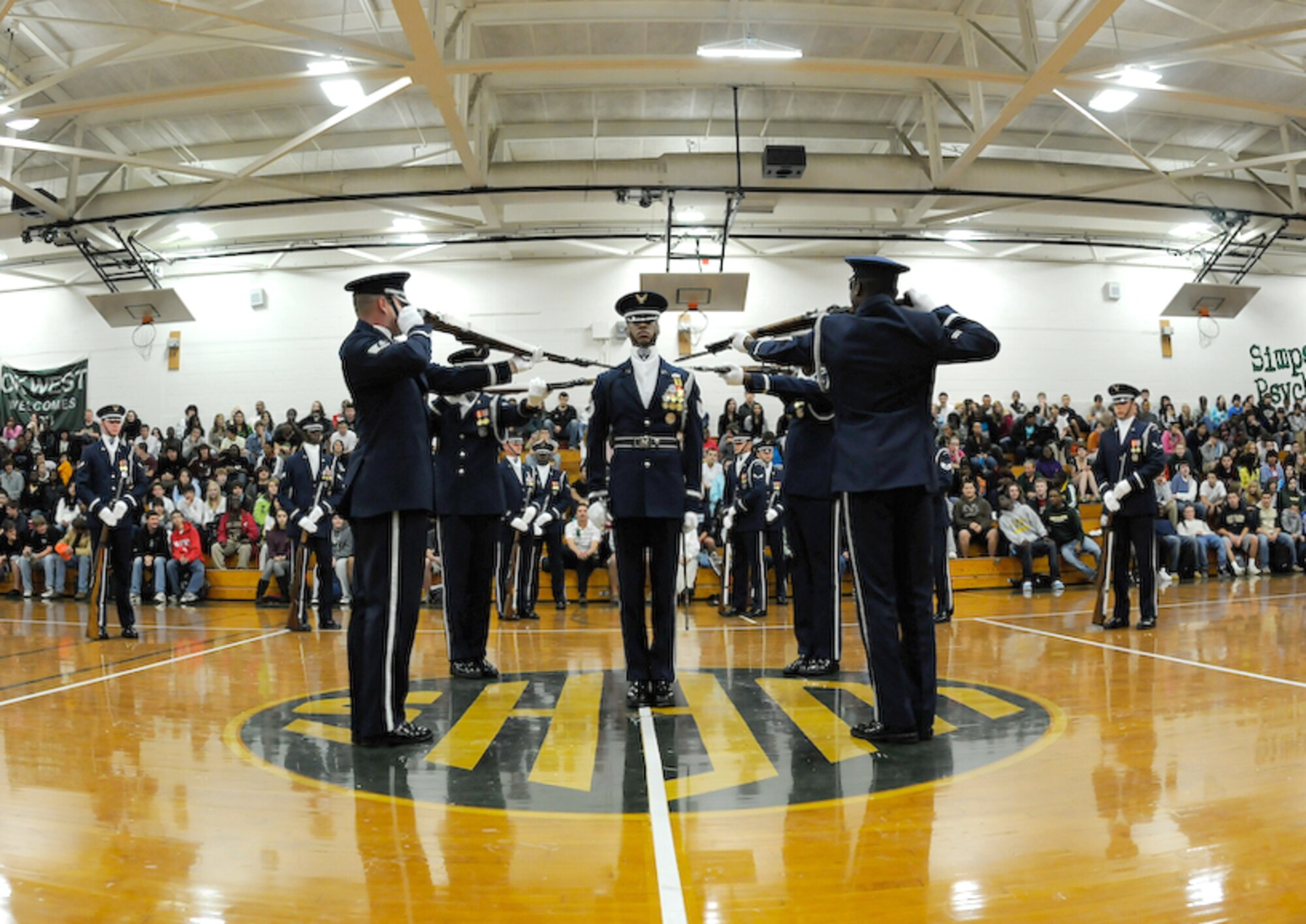 The United States Air Force Honor Guard Drill Team performs Oct. 14 at team member Airman 1st Class William Overton’s alma mater, West Forsyth High School, Clemmons, N.C. The team spent nine days traveling through the Carolinas and Tennessee, performing at Drill Team members’ former high schools, in addition to their typical base and air show performances. Performing for these students helped the Drill Team inspire and communicate at a more familiar level. (U.S. Air Force photo by Senior Airman Alexandre Montes)
