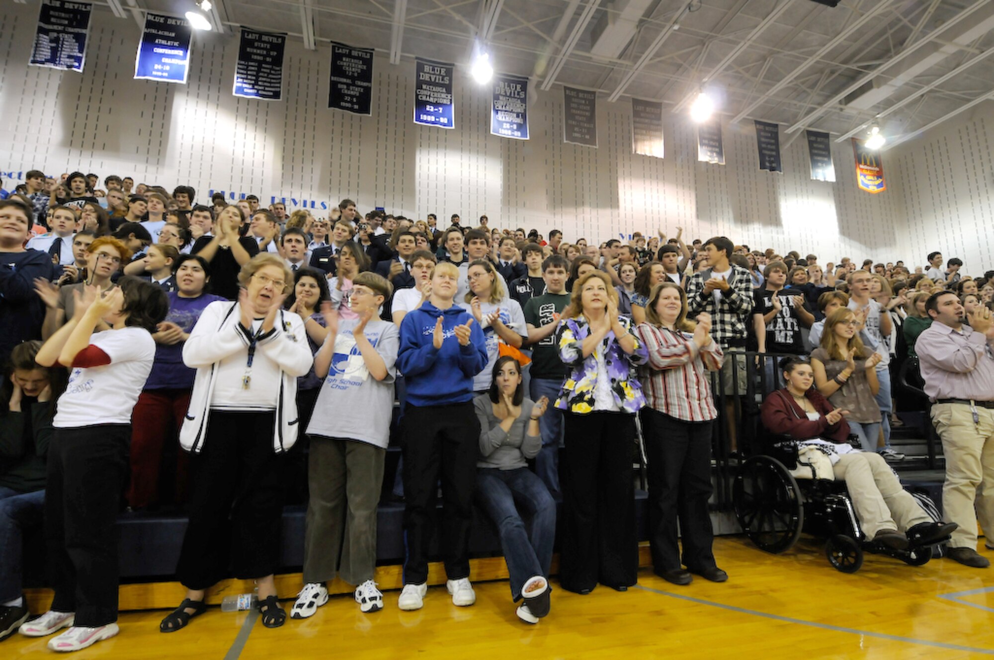 The United States Air Force Honor Guard draws huge crowds  Oct. 9 at team trainer Senior Airman Aaron Fowler’s alma mater, Unicoi County High School, Erwin, Tenn. The team spent nine days traveling through the Carolinas and Tennessee, performing at Drill Team members’ former high schools, in addition to their typical base and air show performances. Performing for these students helped the Drill Team inspire and communicate at a more familiar level. (U.S. Air Force photo by Senior Airman Alexandre Montes)