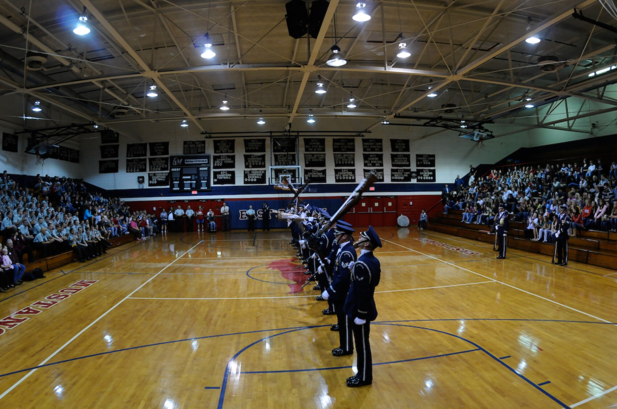Airman 1st Class Rion Ehrman, United States Air Force Honor Guard Drill Team, speaks Oct. 14 with the current students of his alma mater, East Rowan High School, Rockwell, N.C., about joining the Air Force. The team spent nine days traveling through the Carolinas and Tennessee, performing at Drill Team members’ former high schools, in addition to their typical base and air show performances. Performing for these students helped the Drill Team inspire and communicate at a more familiar level. (U.S. Air Force photo by Senior Airman Alexandre Montes)