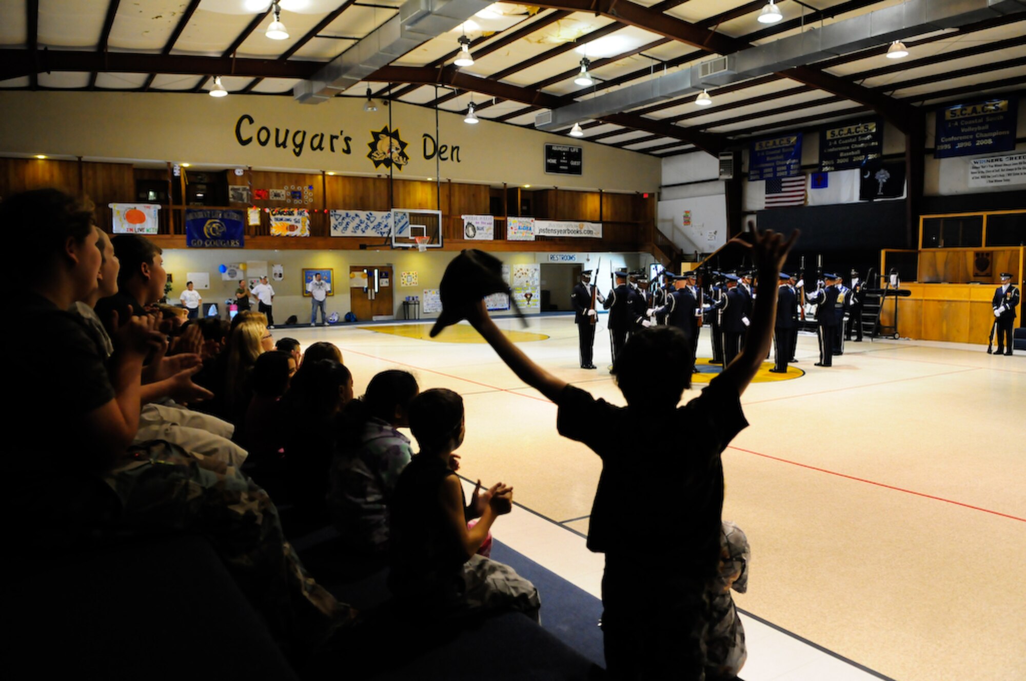 The United States Air Force Honor Guard Drill Team performs Oct. 9 at team member Airman 1st Class James Floyd’s alma mater, Abundant Life Academy, Hardeeville, S.C. The team spent nine days traveling through the Carolinas and Tennessee, performing at Drill Team members’ former high schools, in addition to their typical base and air show performances. Performing for these students helped the Drill Team inspire and communicate at a more familiar level. (U.S. Air Force photo by Senior Airman Alexandre Montes)