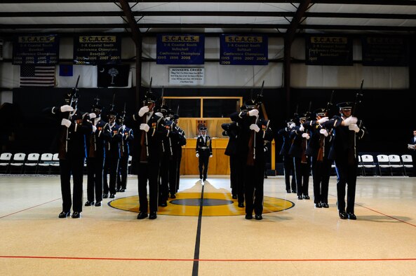 The United States Air Force Honor Guard Drill Team performs Oct. 9 at team member Airman 1st Class James Floyd’s alma mater, Abundant Life Academy, Hardeeville, S.C. The team spent nine days traveling through the Carolinas and Tennessee, performing at Drill Team members’ former high schools, in addition to their typical base and air show performances. Performing for these students helped the Drill Team inspire and communicate at a more familiar level. (U.S. Air Force photo by Senior Airman Alexandre Montes)