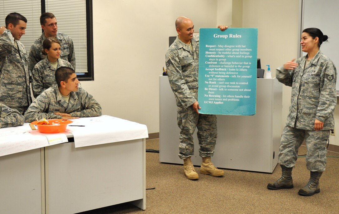 Staff Sgt. Pamela Troester, 383rd Training Squadron mental health instructor, reads over the “Group Rules” with her class Oct. 21. Sergeant Troester was nominated by the Air Education and Training Command in the Drug and Alcohol Abuse Prevention Category for the 2009 Government Employees Insurance Company Military Service Awards.(U.S. Air Force Photo/ Airman 1st Class Adawn Kelsey)