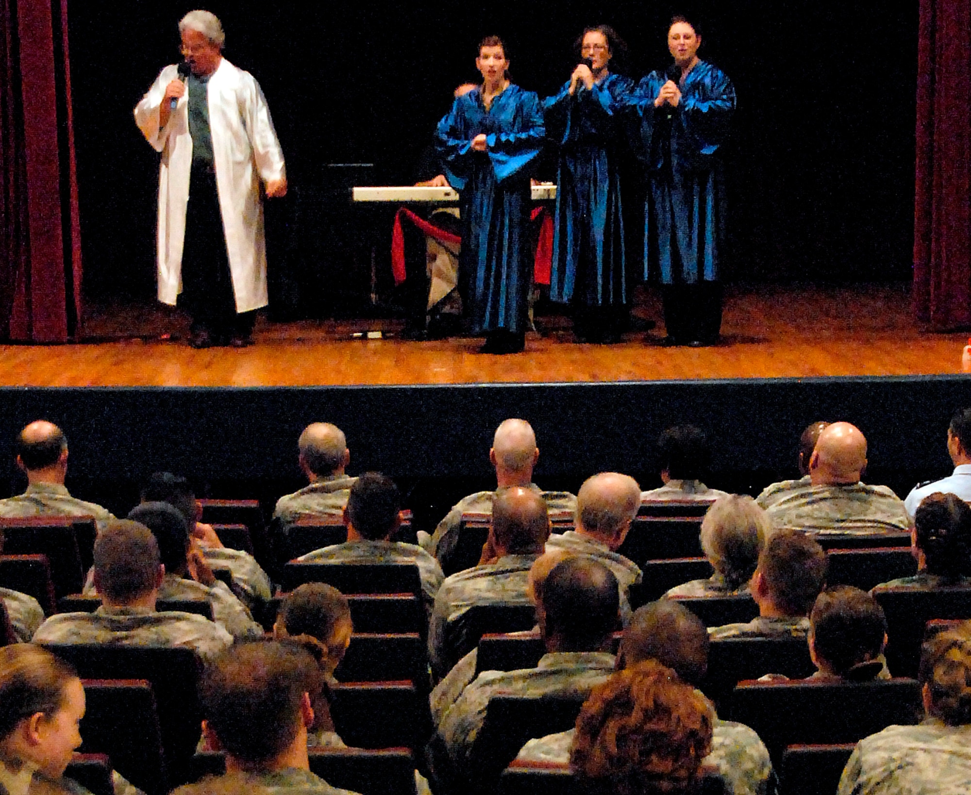 A troupe of actors perform one of the last songs Oct. 16 in their show, “Domestic Violence, The Musical!”. The cast travels around the southwest performing for military installations and public performances to raise awareness about domestic violence. (U.S. Air Force photo/ Mike Litteken) 