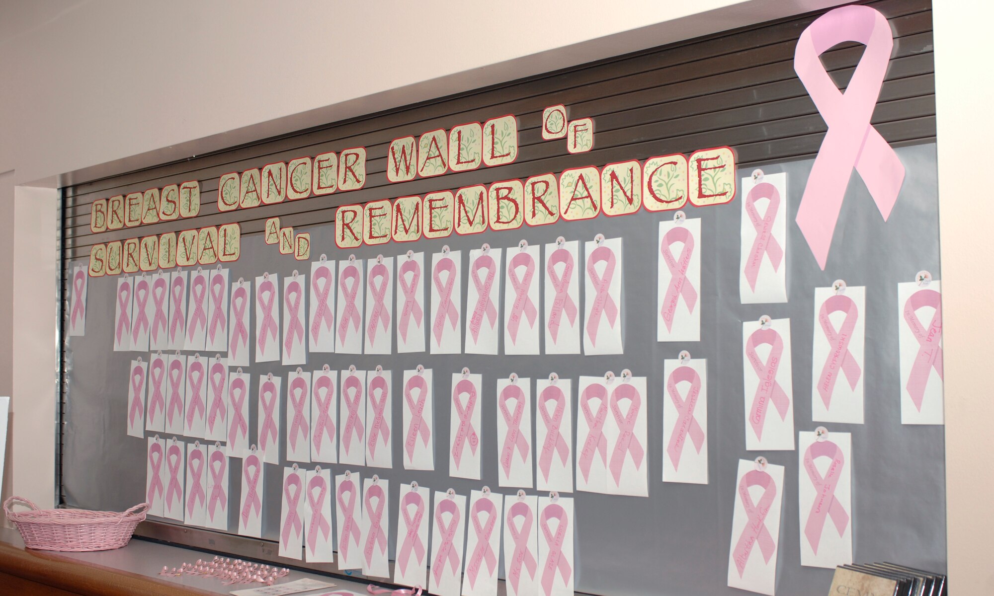 CANNON AIR FORCE BASE, N.M.- The breast cancer wall of survival and remembrance is displayed in the atrium of the medical clinic.  Base personnel can gather information and ribbons to show awareness and may place a ribbon on the wall with someone's name who currently has or has survived breast cancer.  (U.S. Air Force photo by Airmen 1st Class James Bell) 