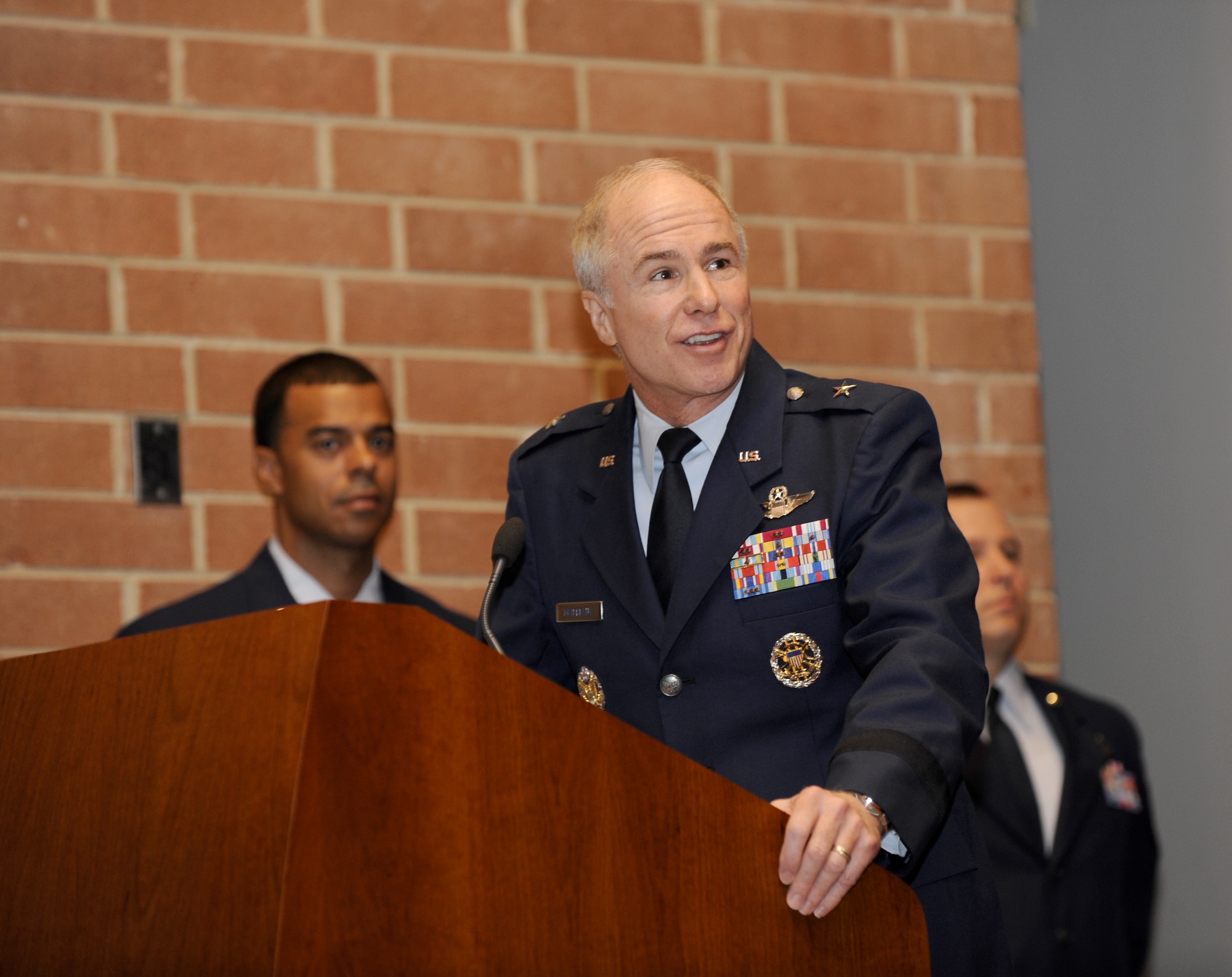 Brig. Gen. Richard T. Devereaux addresses the crowd after taking command of the U.S. Air Force Expeditionary Center  here Oct. 19. During the change of command ceremony, Maj. Gen. Kip L. Self relinquished command to General Devereaux. The presiding official for the ceremony was Gen. Arthur J. Lichte, Air Mobility Command commander, Scott Air Force Base. (U.S. Air Force Photo/Carlos Cintron)
